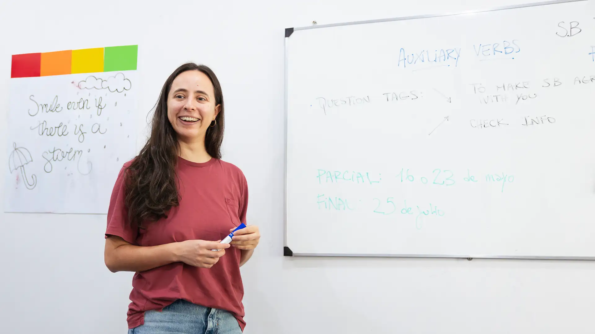 Docente enseñando con pizarra en clase de inglés